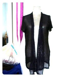 Herringbone Stitch Knit Weave Black Open Cardigan